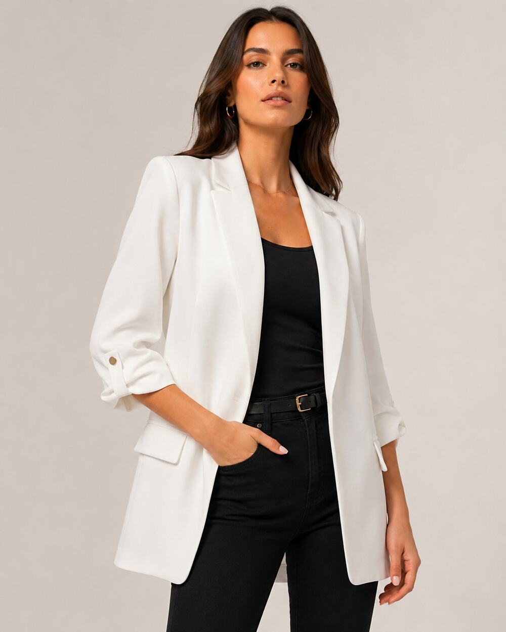Zara Longline White Blazer XL Relaxed Fit Gold Button Ruched Sleeve Fully Lined